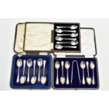 THREE CASED SETS OF TEASPOONS AND COFFEE SPOONS, comprising a set of six Old English pattern