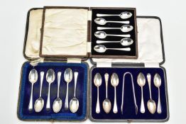 THREE CASED SETS OF TEASPOONS AND COFFEE SPOONS, comprising a set of six Old English pattern