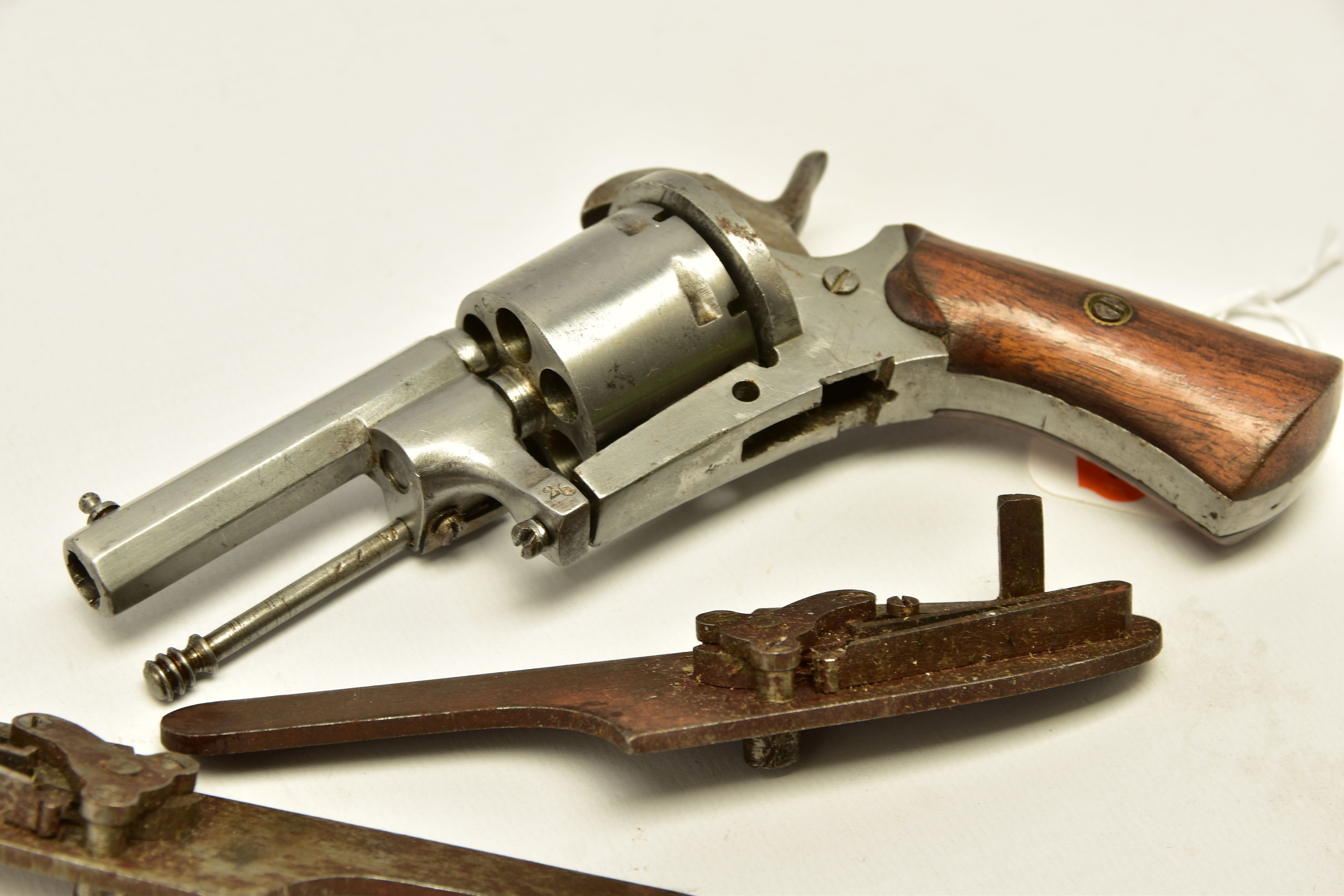 AN ANTIQUE 7MM BELGIAN PROVED PIN-FIRE REVOLVER, partly dismantled and missing its loading gate - Image 2 of 7