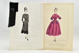 NORMAN HARTNELL (1901-1979) Two signed pencil, watercolour and gouache dress designs 'Specially