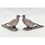 A PAIR OF ELIZABETH II FILLED SILVER TABLE ORNAMENTS IN THE FORM OF COCK PHEASANTS STANDING ON A