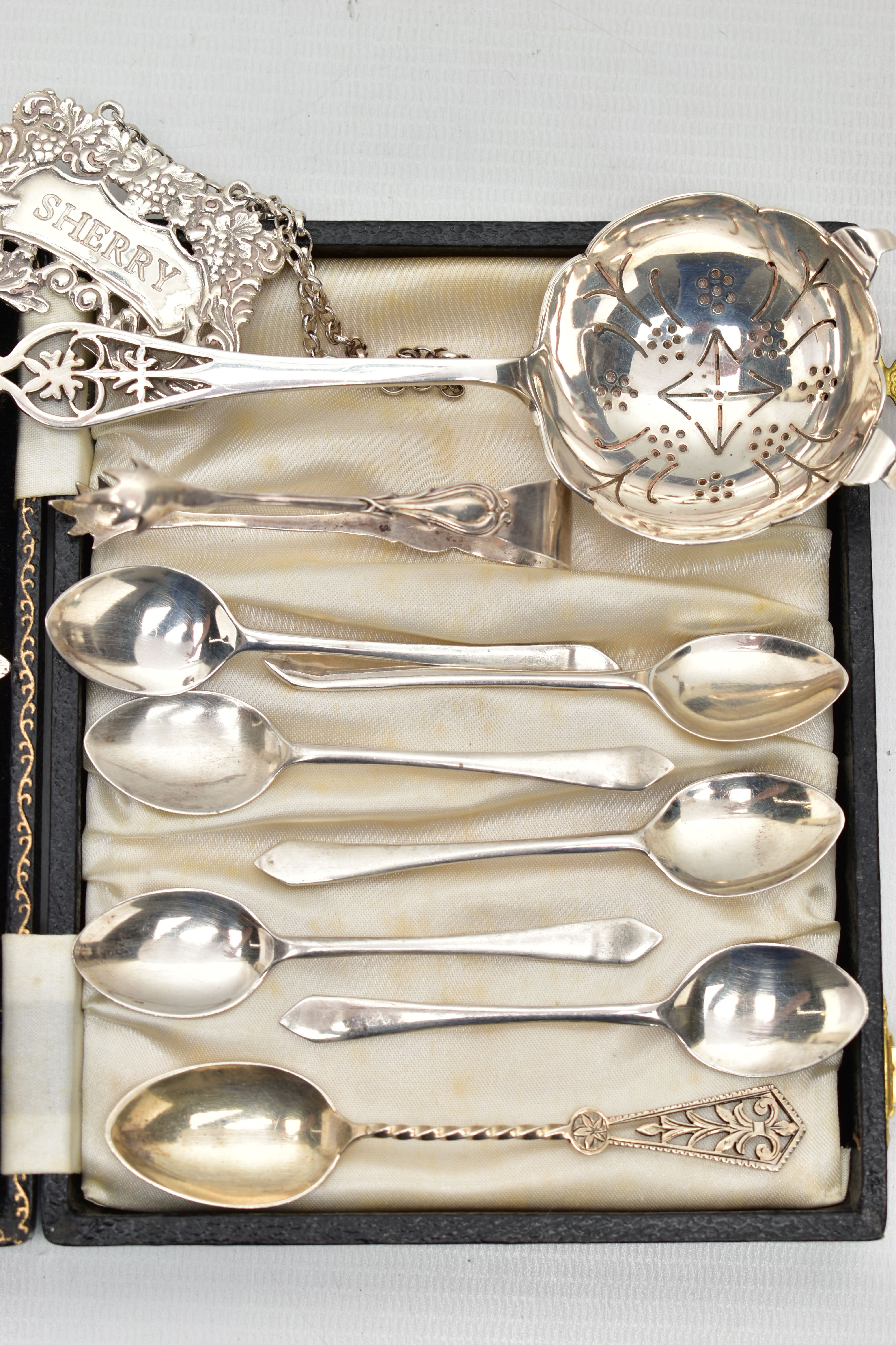 A SMALL PARCEL OF SILVER SPOONS, ETC, comprising a pair of Elizabeth II 'BRANDY' & 'SHERRY' decanter - Image 3 of 7