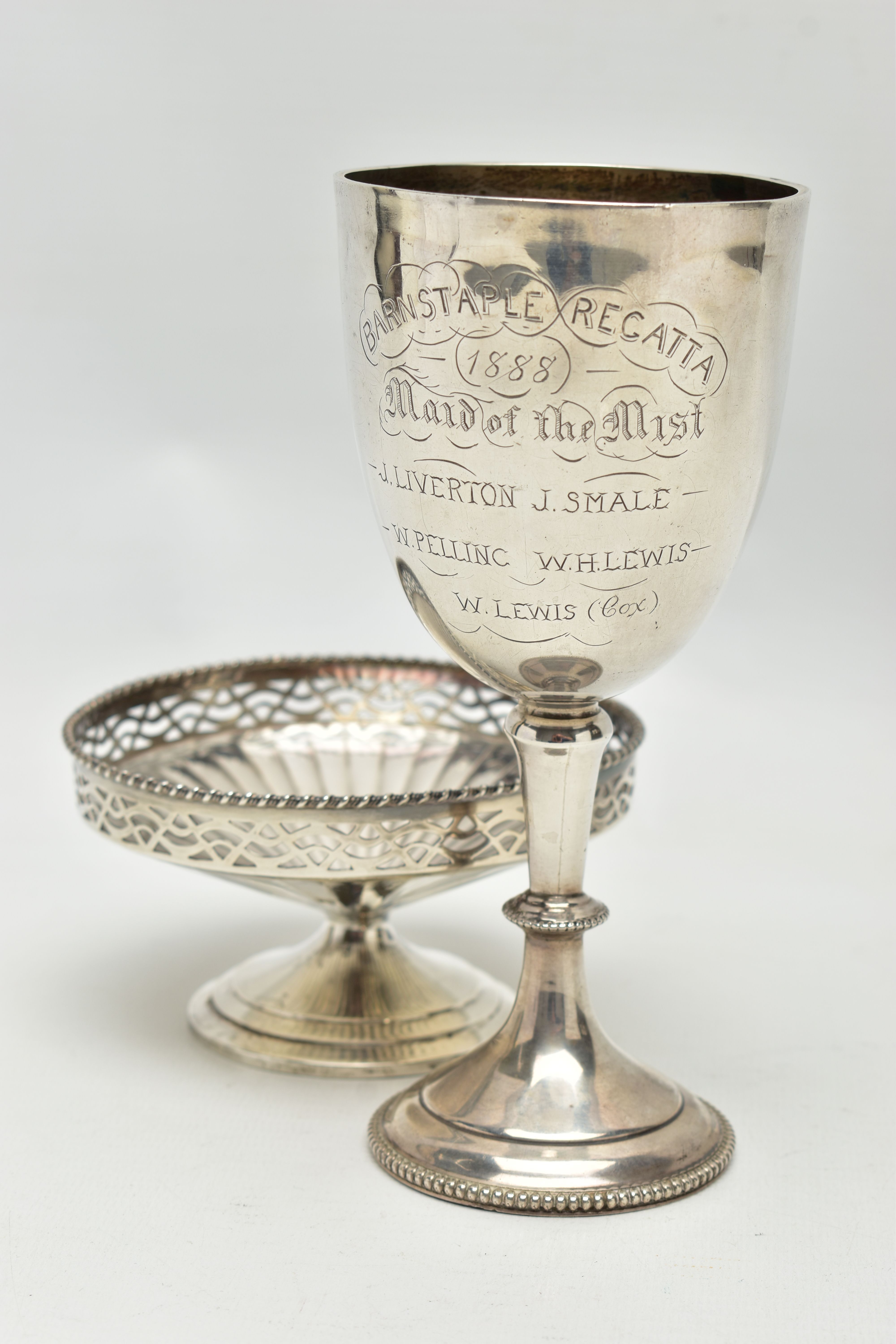 A VICTORIAN SILVER TROPHY CUP AND A GEORGE VI SILVER PEDESTAL BONBON DISH, the trophy cup - Image 2 of 8