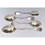 FOUR PIECES OF 19TH AND 20TH CENTURY SILVER FIDDLE PATTERN FLATWARE, comprising a basting spoon,