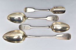 FOUR PIECES OF 19TH AND 20TH CENTURY SILVER FIDDLE PATTERN FLATWARE, comprising a basting spoon,