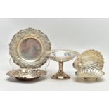 FIVE PIECES OF LATE VICTORIAN, EDWARDIAN AND LATER SILVER, comprising an Edwardian pedestal dish