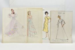 NORMAN HARTNELL (1901-1979) Four signed dress designs, two pencil and watercolours of floral full