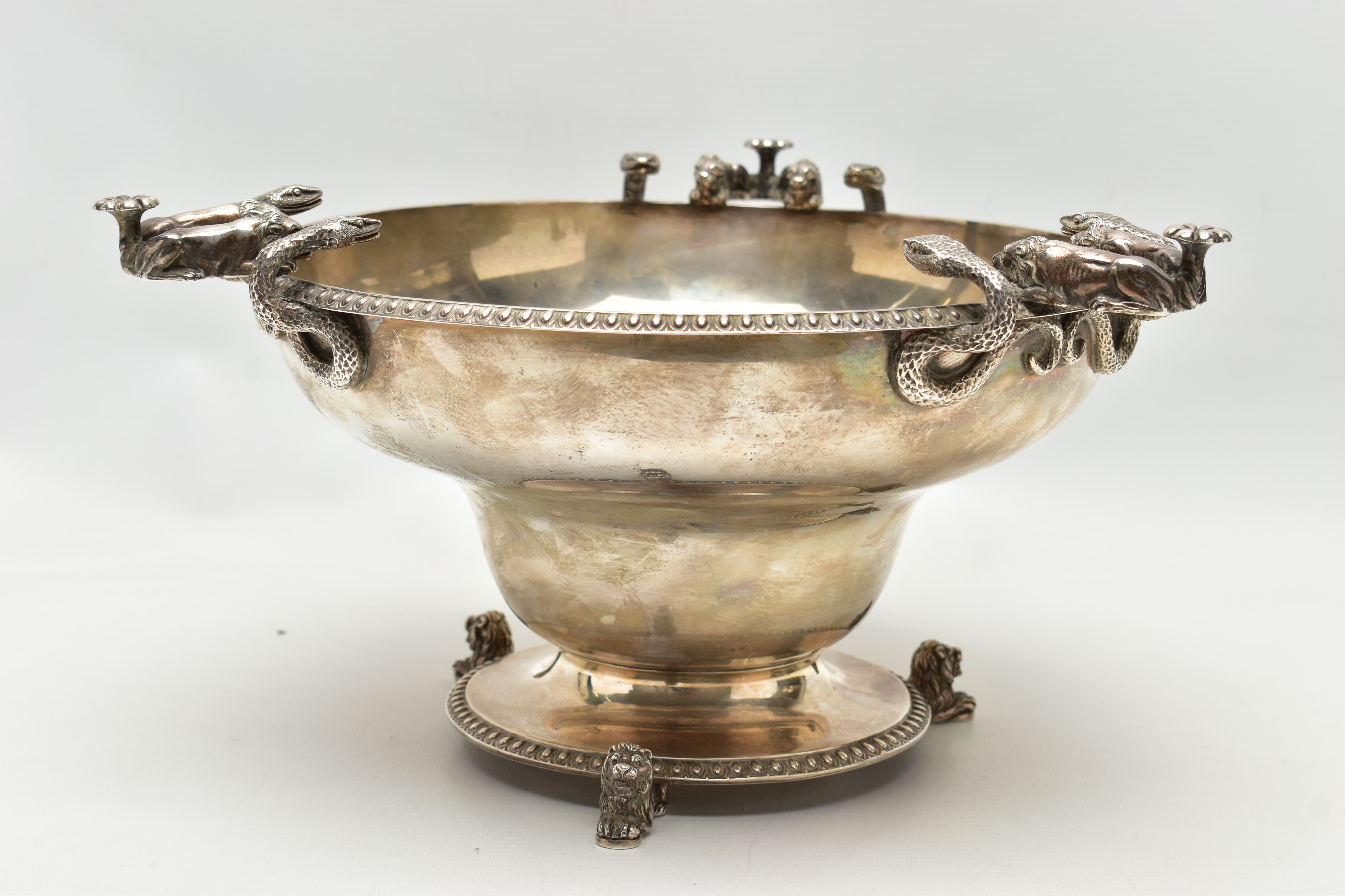 A GEORGE V SILVER PEDESTAL BOWL, with three cast handles, each formed of two serpents and two lion - Image 4 of 14