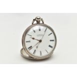 A LATE VICTORIAN 20TH CENTURY I SIMMONS KEY WOUND OPEN FACE POCKET WATCH, the white enamel dial with