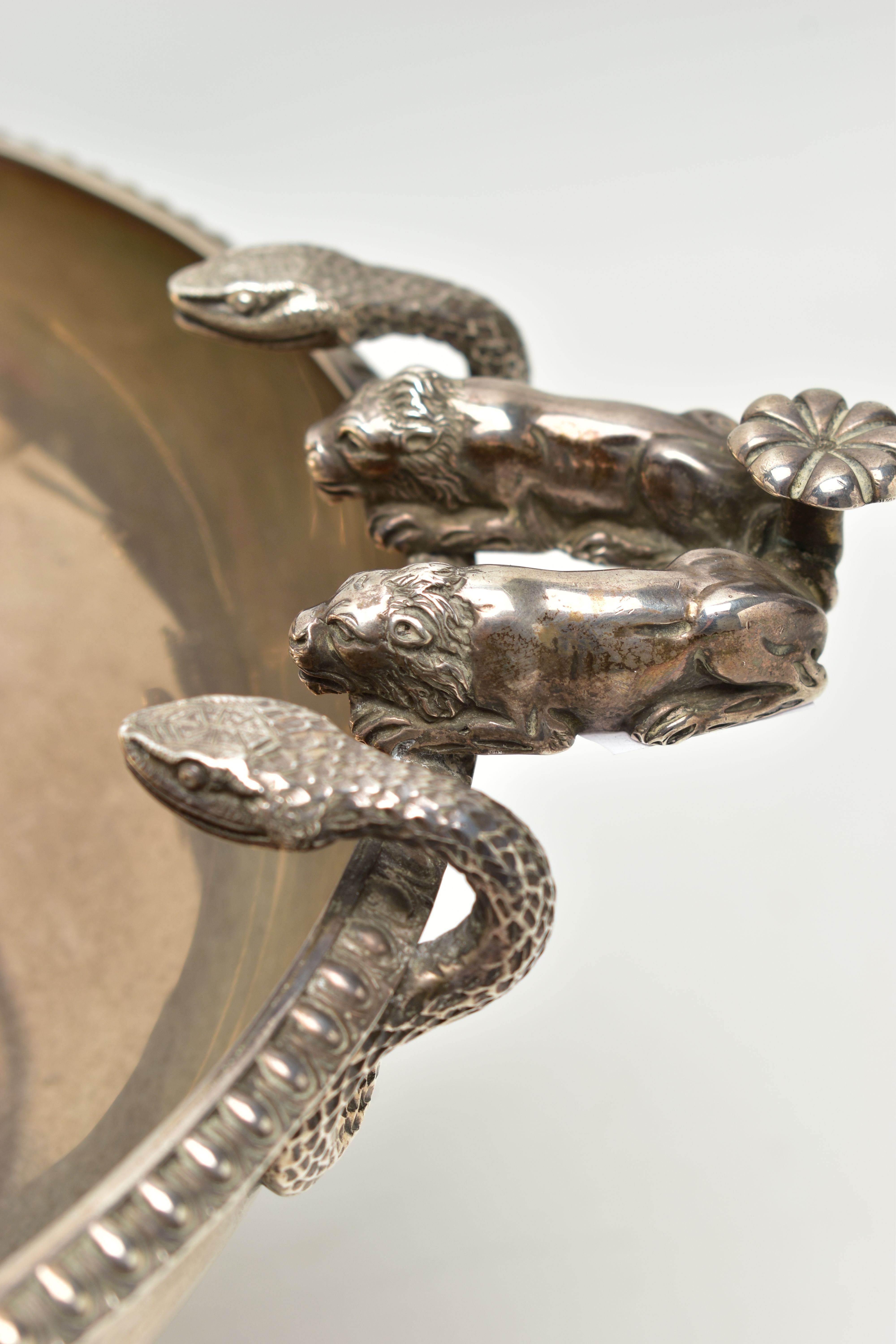 A GEORGE V SILVER PEDESTAL BOWL, with three cast handles, each formed of two serpents and two lion - Image 7 of 14