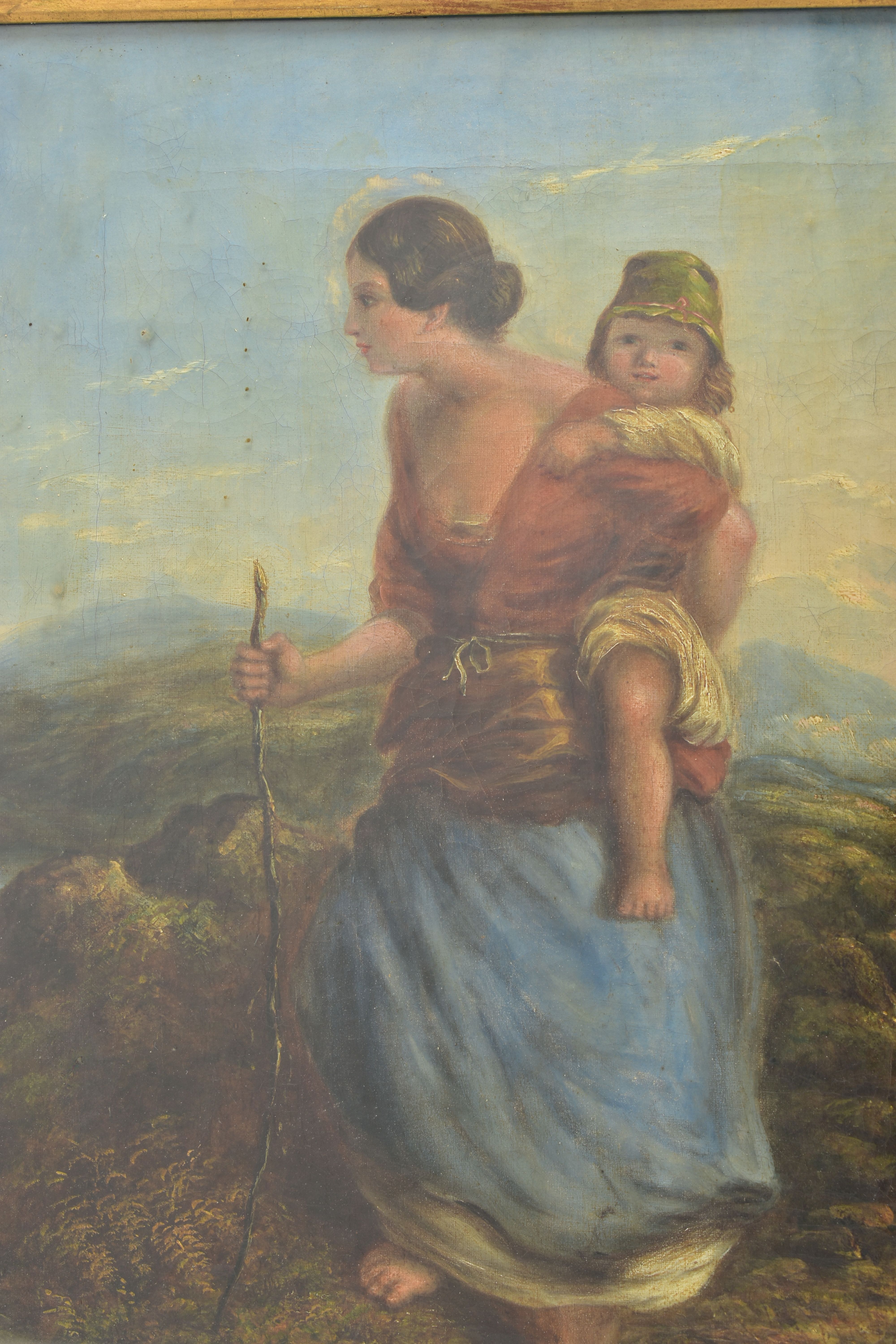 19TH CENTURY BRITISH SCHOOL, a mother carrying her child across a moorland landscape with hills to - Image 3 of 12