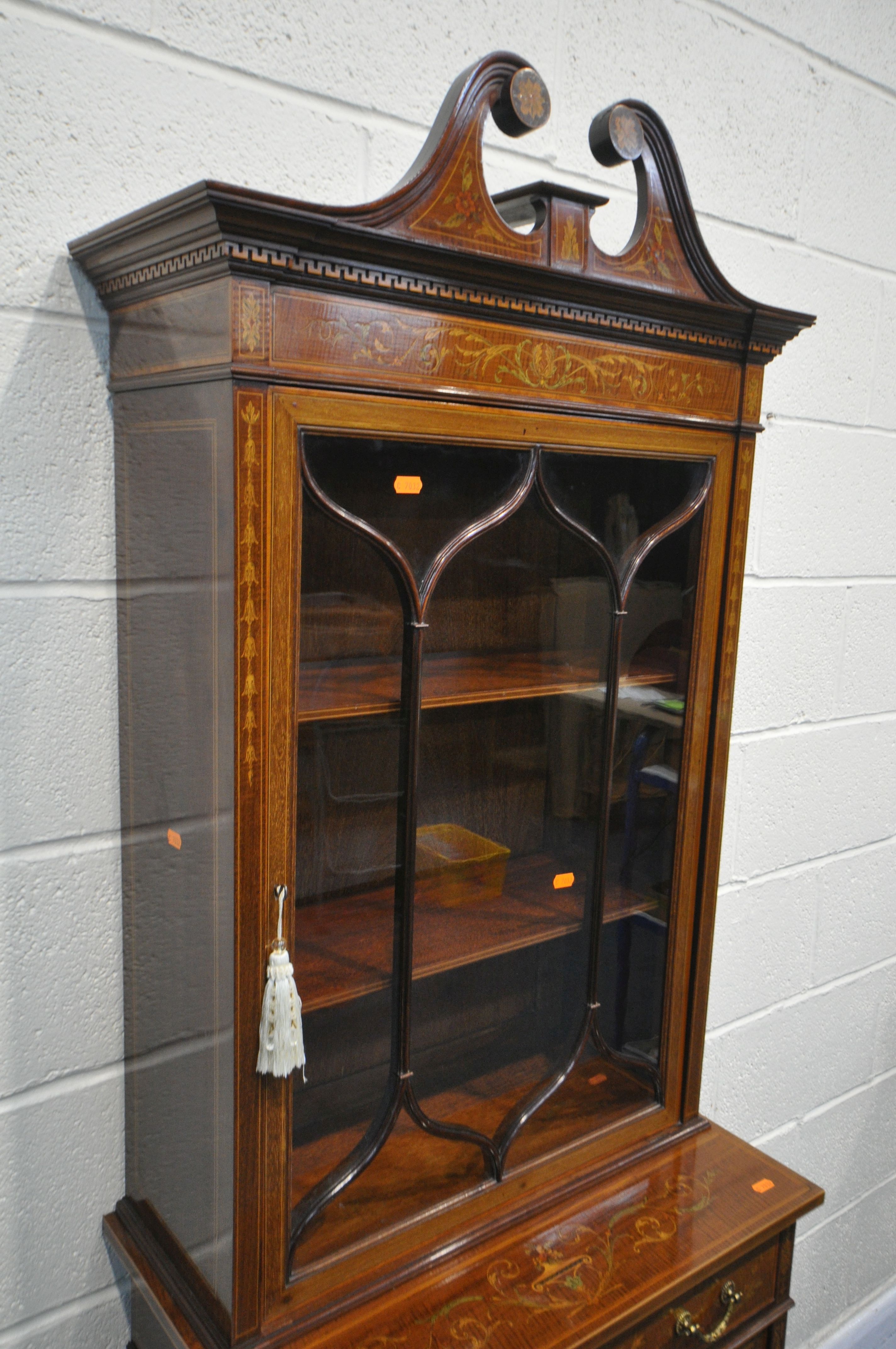 A SHERATON REVIVAL STYLE MAHOGANY AND MARQUETRY INLAID BOOKCASE, labelled verso Edwards and - Image 2 of 6