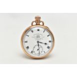 AN EARLY 20TH CENTURY 9CT YELLOW GOLD MANUAL WOUND OPEN FACE POCKET WATCH, the white dial, with