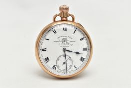 AN EARLY 20TH CENTURY 9CT YELLOW GOLD MANUAL WOUND OPEN FACE POCKET WATCH, the white dial, with