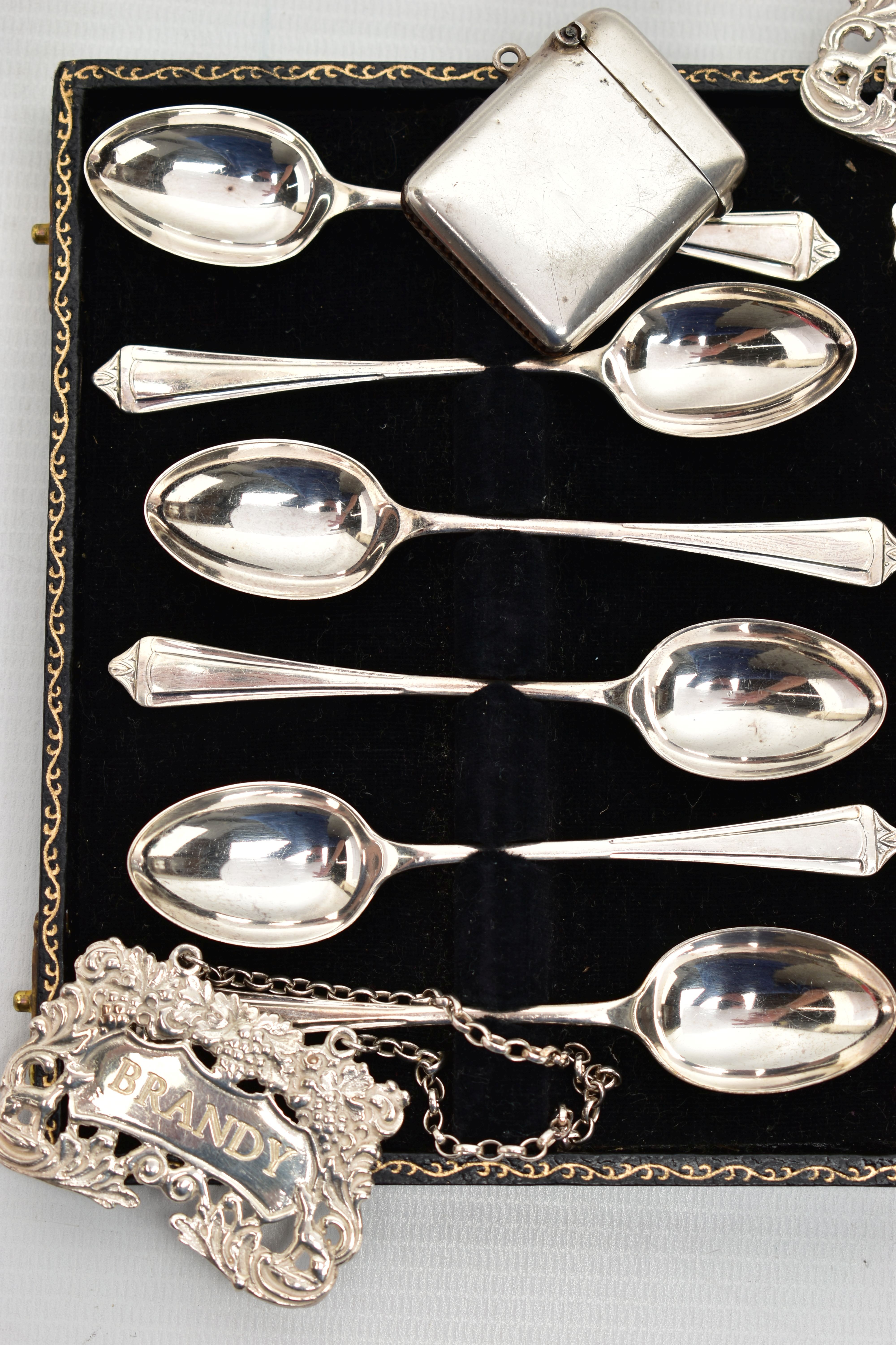 A SMALL PARCEL OF SILVER SPOONS, ETC, comprising a pair of Elizabeth II 'BRANDY' & 'SHERRY' decanter - Image 2 of 7