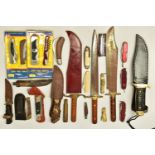SEVEN MULTITOOLS, TWO SHEATH KNIVES WITH SHEATHS, three folding lock knives, four pen knives,a fired