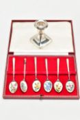 A CASED SET OF SIX ELIZABETH II SILVER AND ENAMEL COFFEE SPOONS, the bowl of each spoon painted with