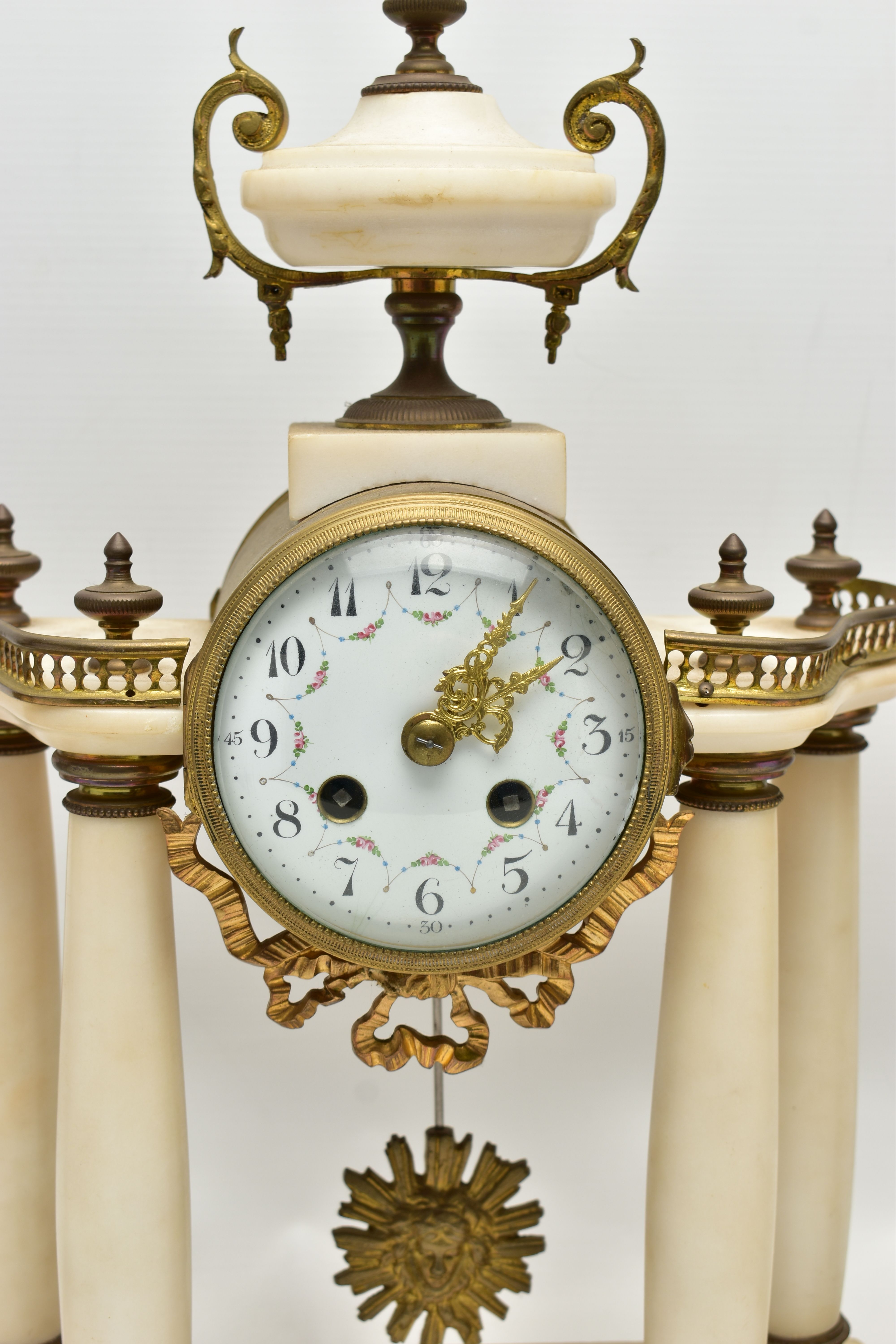 A LATE 19TH CENTURY FRENCH WHITE MARBLE AND GILT METAL CLOCK GARNITURE, the clock with urn - Image 2 of 18