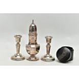 AN ELIZABETH II SUGAR CASTER, A PAIR OF CANDLESTICKS AND AN EBONY BOX, the octagonal silver sugar