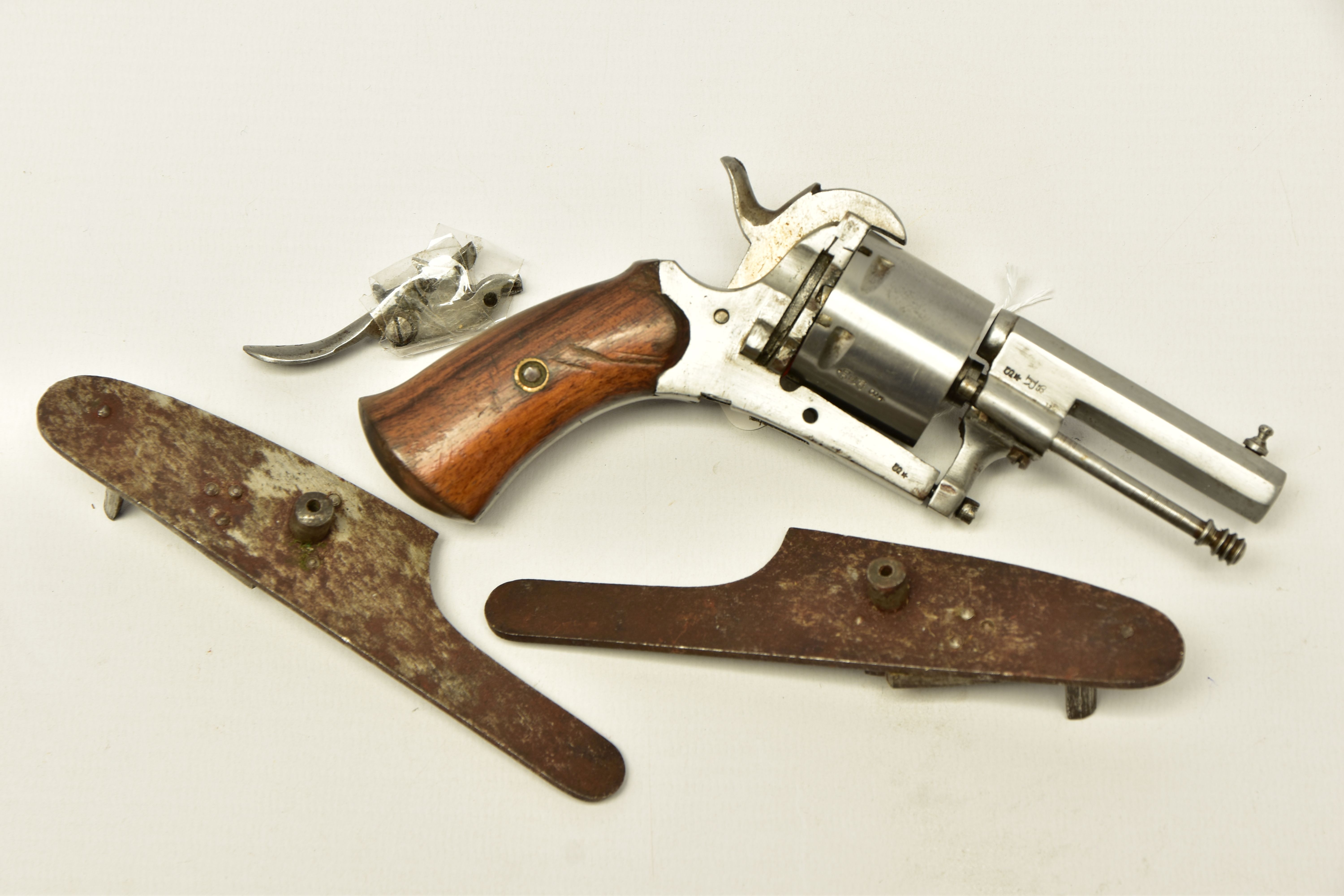 AN ANTIQUE 7MM BELGIAN PROVED PIN-FIRE REVOLVER, partly dismantled and missing its loading gate - Image 4 of 7