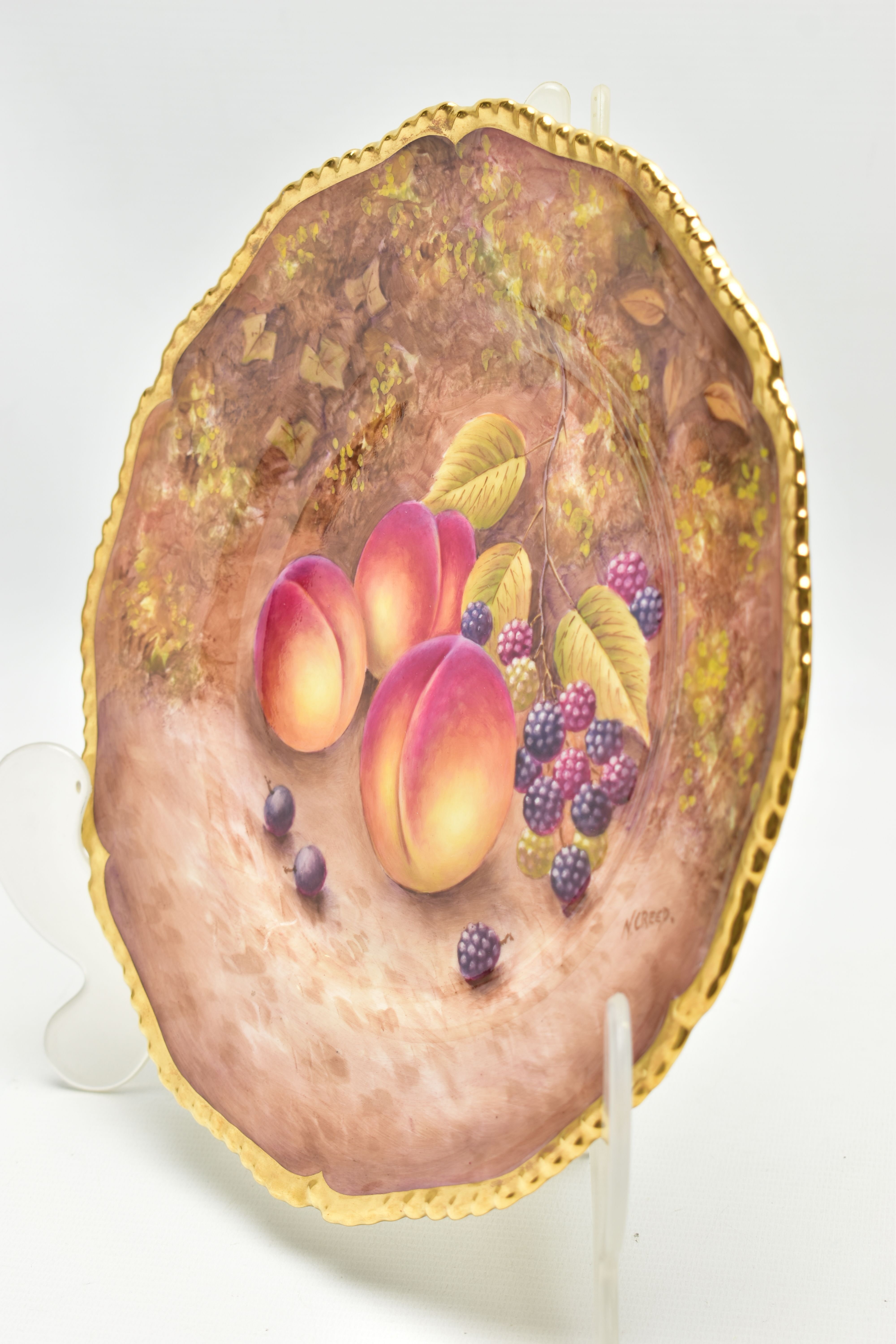 A ROYAL WORCESTER FRUIT STUDY PLATE OF SILVER SHAPE PAINTED BY N. CREED, hand painted with - Image 4 of 9