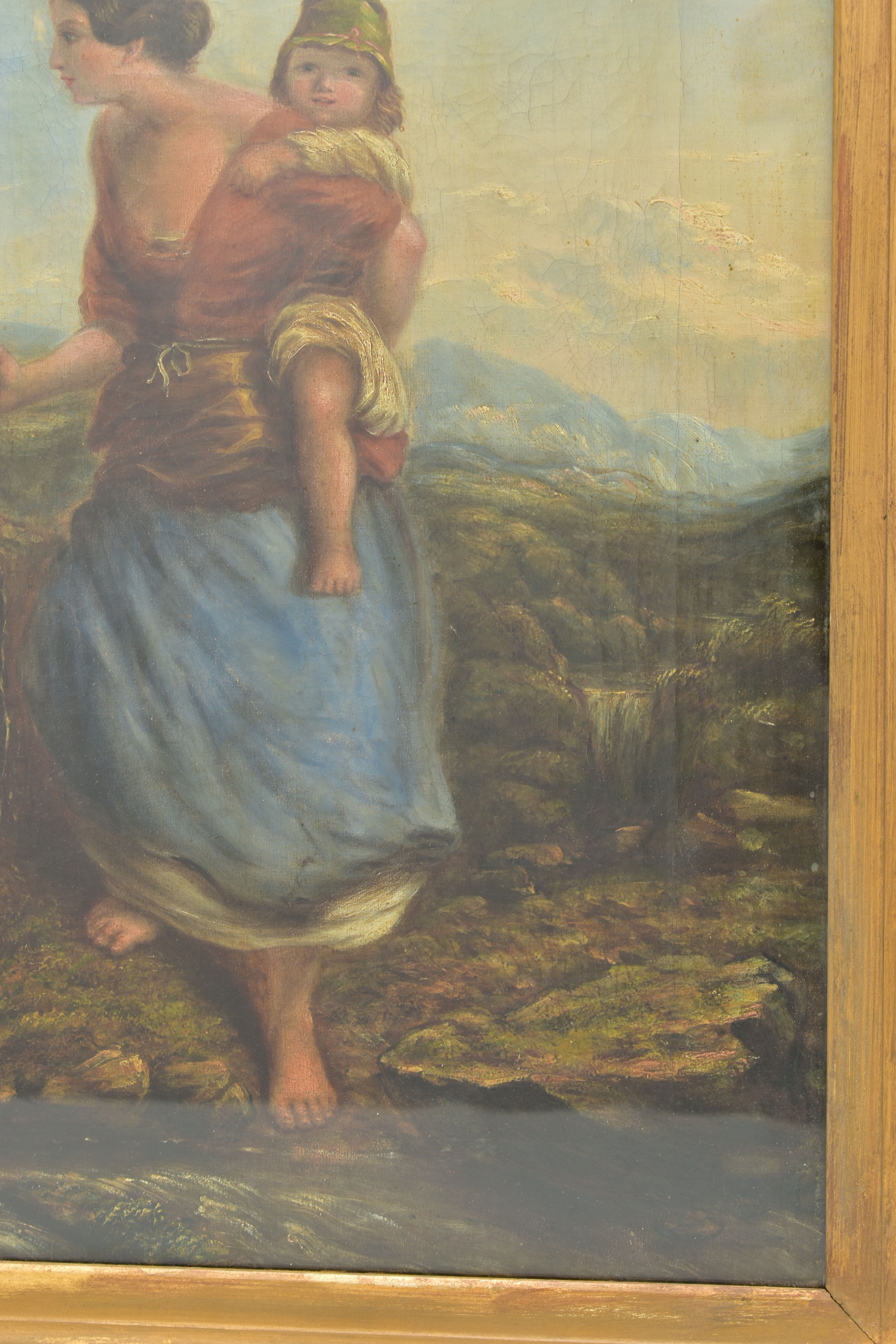 19TH CENTURY BRITISH SCHOOL, a mother carrying her child across a moorland landscape with hills to - Image 6 of 12