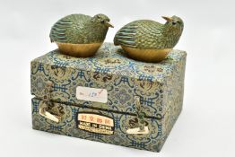 A BOXED PAIR OF SÚHAI CHINESE SILVER GILT AND ENAMEL LIMITED EDITION QUAIL TRINKET BOXES, one facing