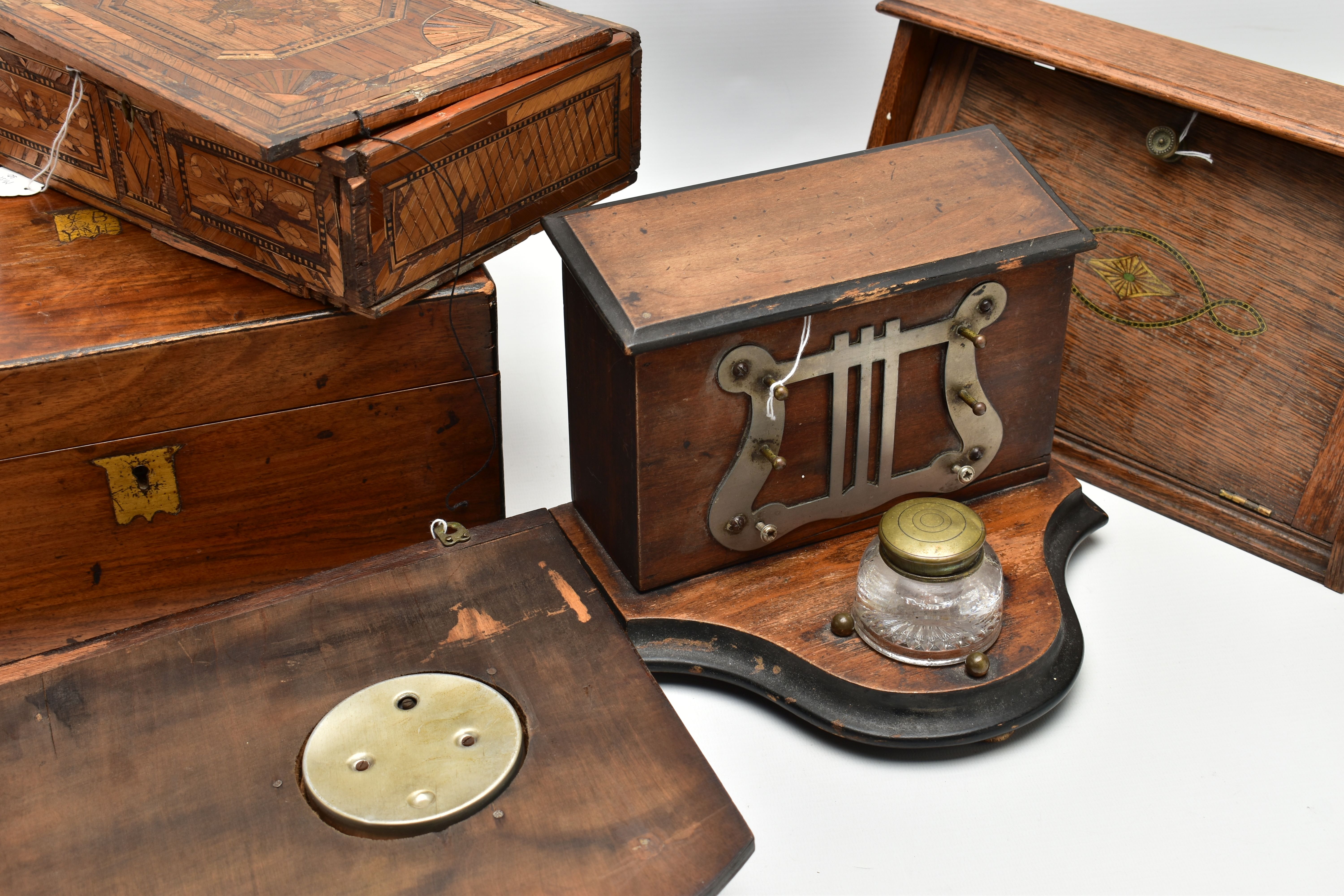 A GROUP OF FIVE 19TH AND 20TH CENTURY BOXES / BAROMETER, comprising a Napoleonic Prisoner of War - Image 9 of 13