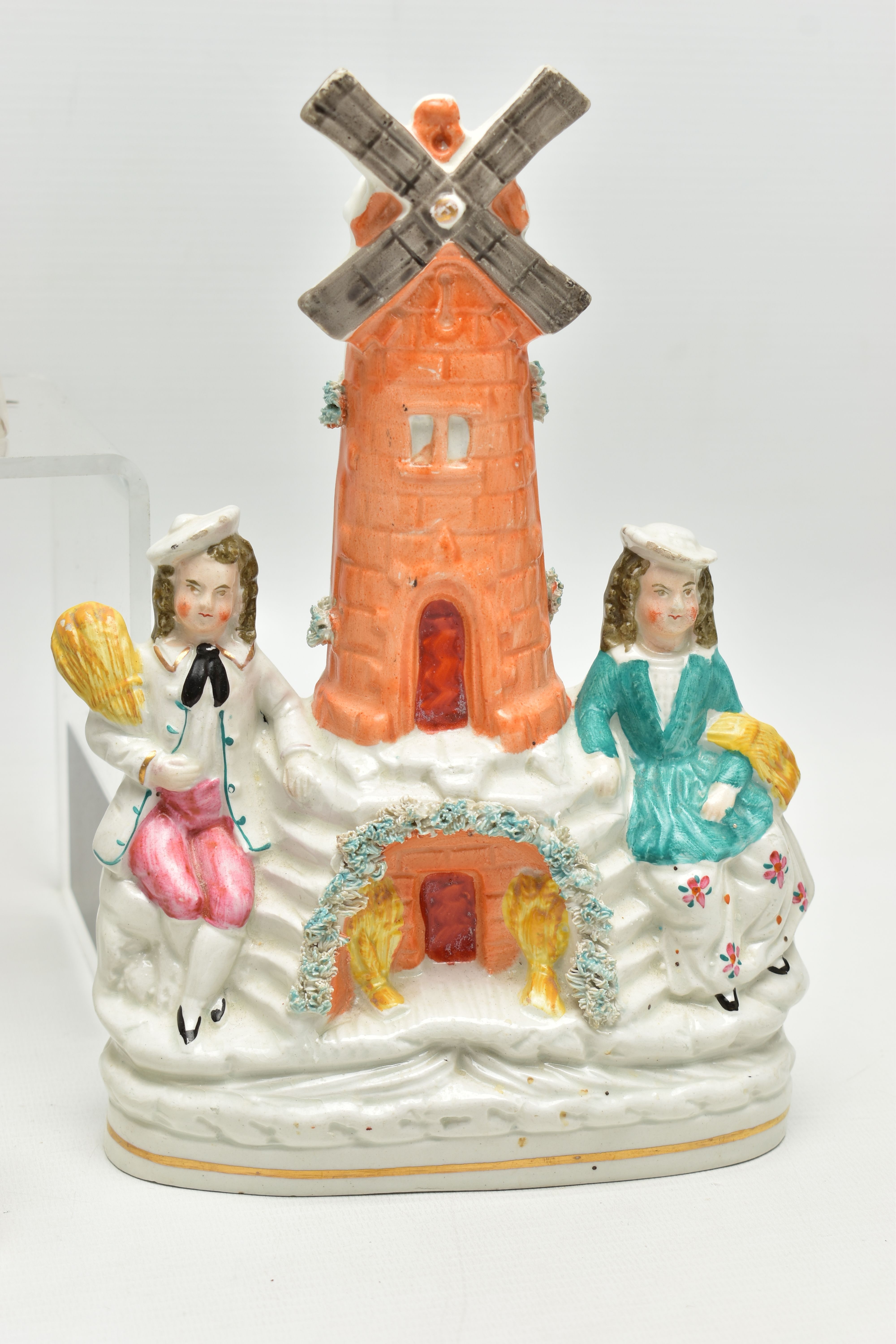 FIVE VICTORIAN STAFFORDSHIRE POTTERY FIGURES, ETC, comprising a windmill with boy and girl seated - Image 5 of 14