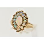 A 9CT GOLD OPAL CLUSTER RING, set with a principal marquise shape opal cabochon surrounded by