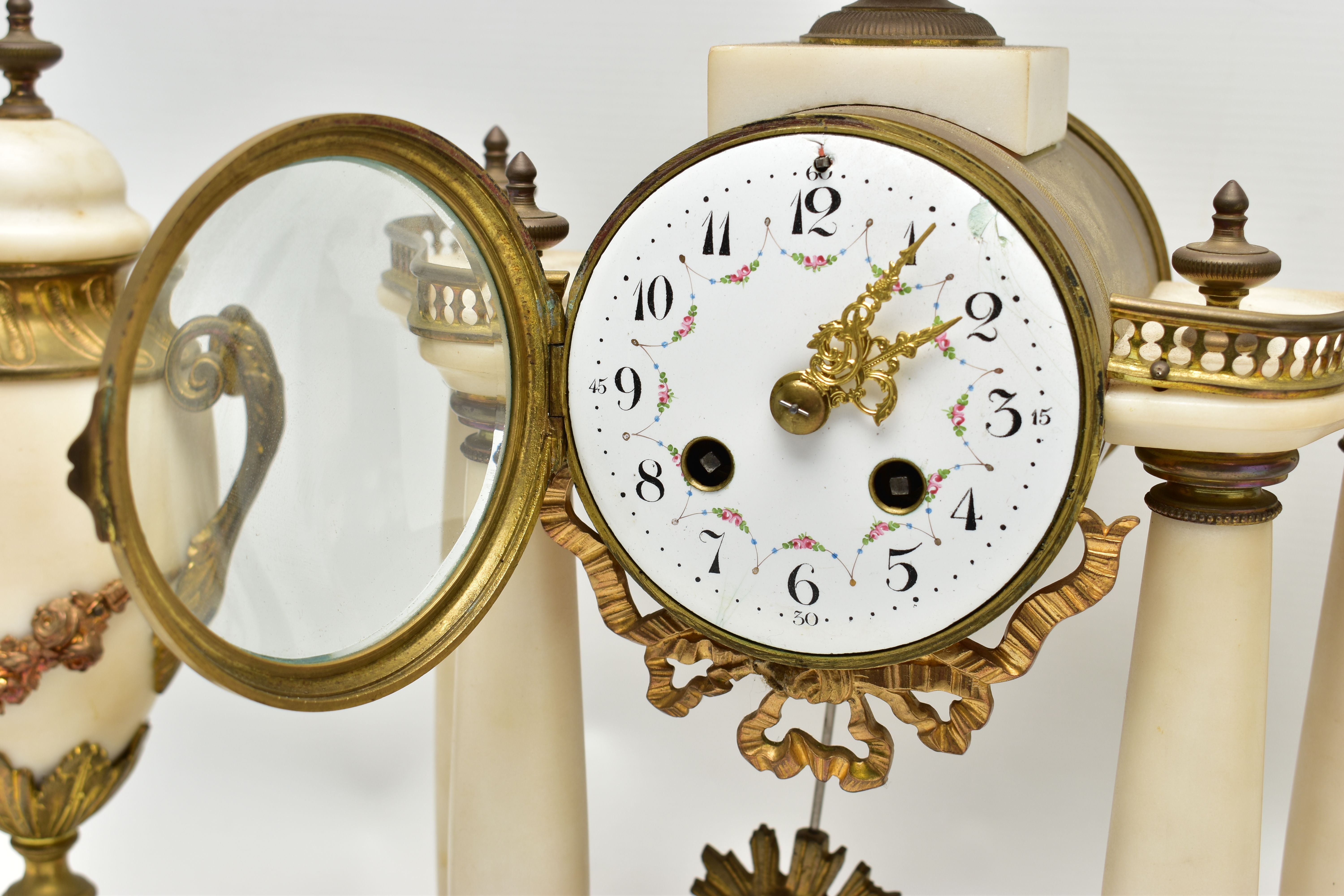 A LATE 19TH CENTURY FRENCH WHITE MARBLE AND GILT METAL CLOCK GARNITURE, the clock with urn - Image 3 of 18