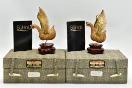 A PAIR OF BOXED SÚHAI CHINESE SILVER GILT AND ENAMEL LIMITED EDITION TONG TING GEESE MOUNTED ON