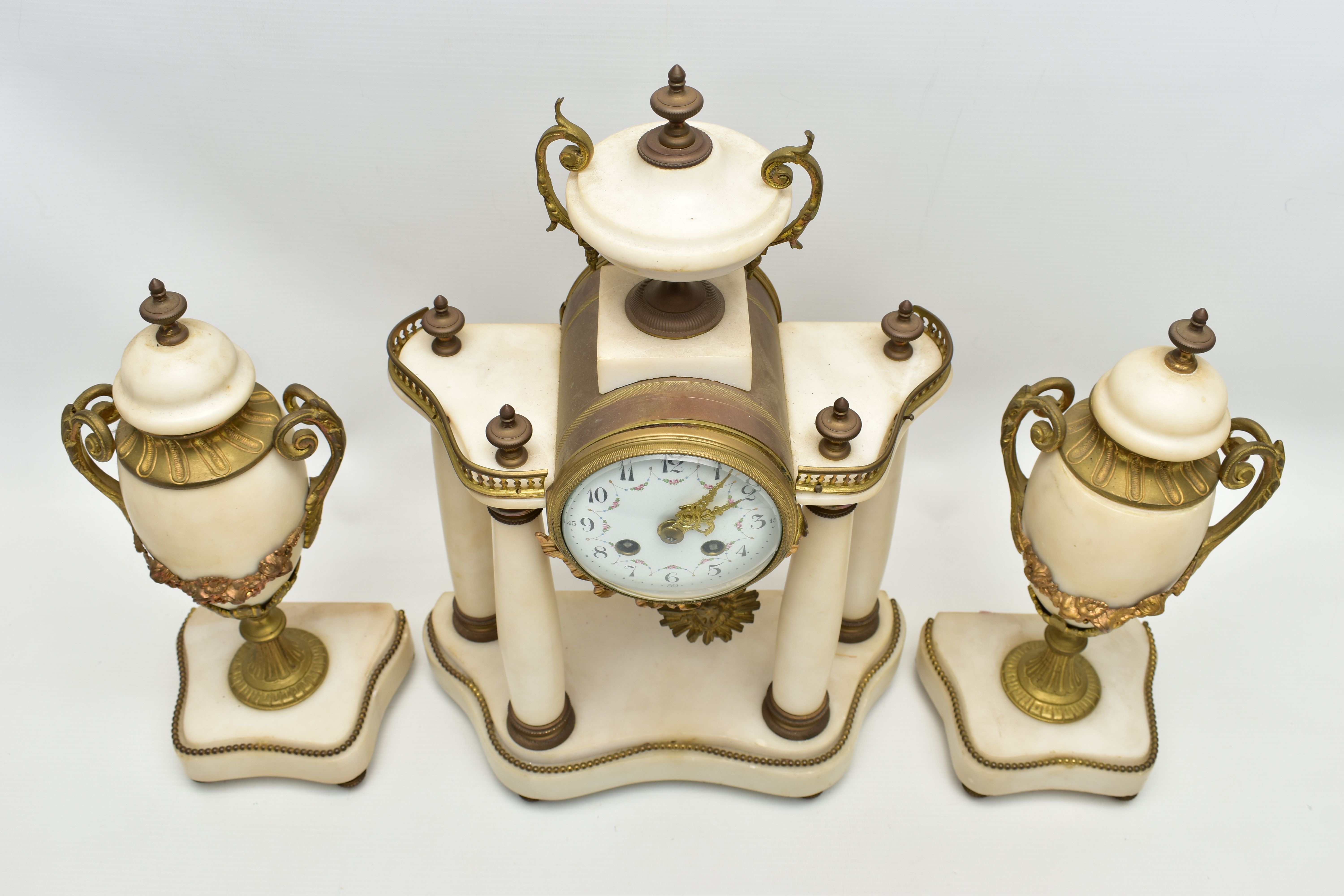 A LATE 19TH CENTURY FRENCH WHITE MARBLE AND GILT METAL CLOCK GARNITURE, the clock with urn - Image 5 of 18