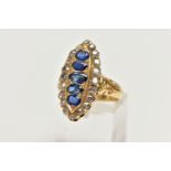 A LATE VICTORIAN 18CT YELLOW GOLD SAPPHIRE AND DIAMOND RING OF MARQUISE SHAPE OUTLINE, set with five