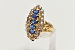 A LATE VICTORIAN 18CT YELLOW GOLD SAPPHIRE AND DIAMOND RING OF MARQUISE SHAPE OUTLINE, set with five