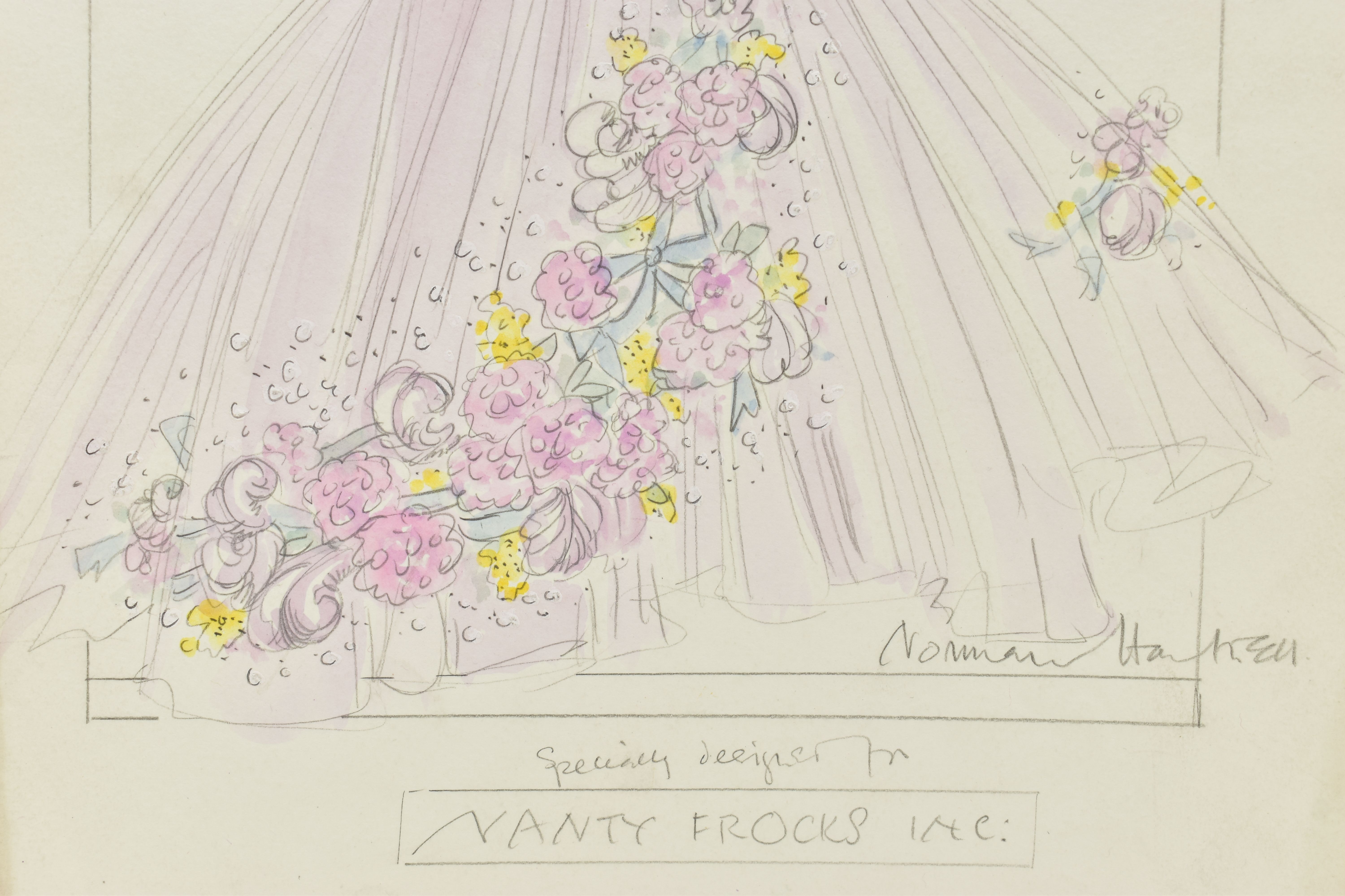 NORMAN HARTNELL (1901-1979) Four signed dress designs, two pencil and watercolours of floral full - Image 4 of 13