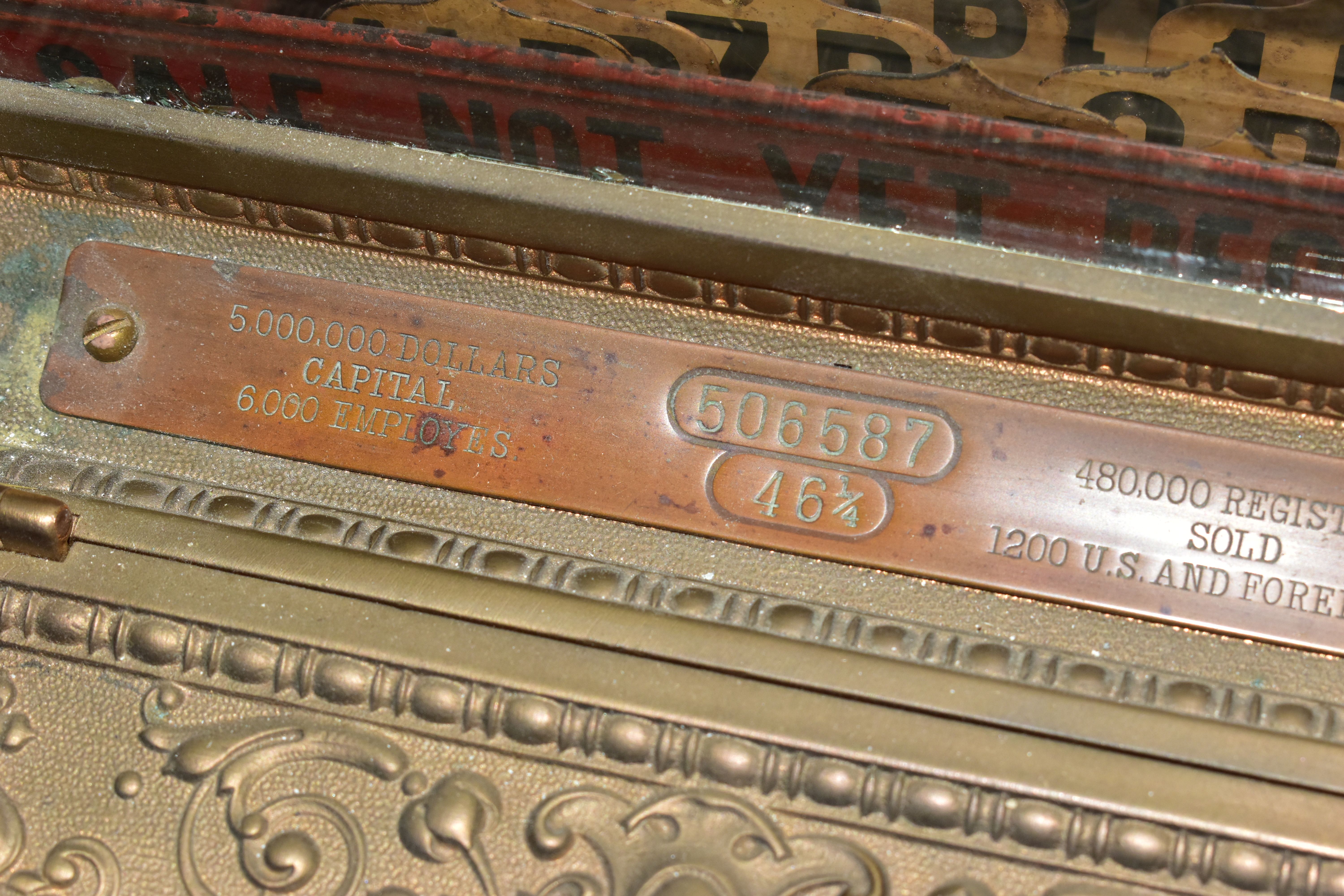 A 20TH CENTURY AMERICAN BRASS CASH REGISTER BY NATIONAL DAYTON OF OHIO, mounted on a wooden - Image 9 of 16