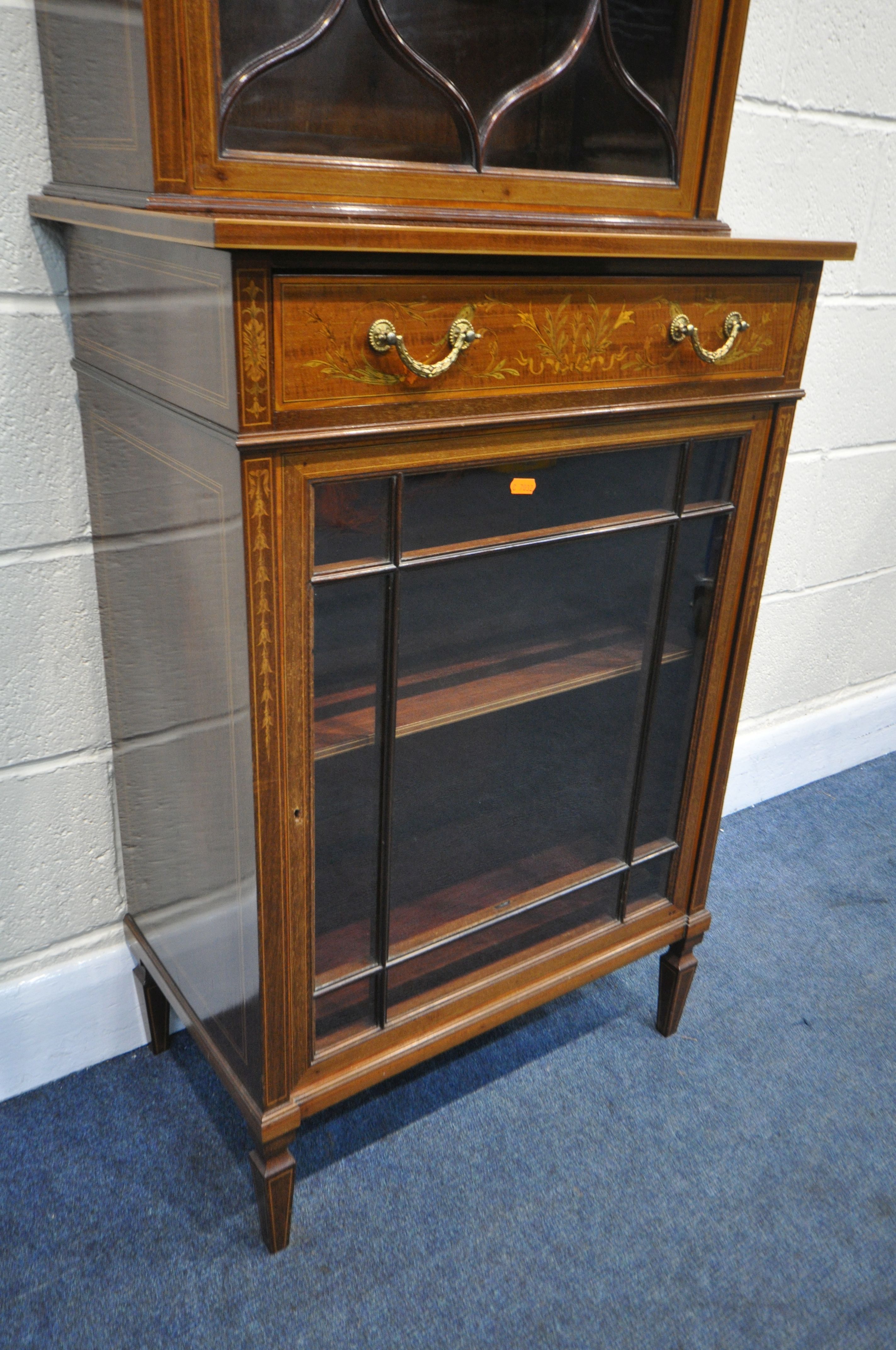 A SHERATON REVIVAL STYLE MAHOGANY AND MARQUETRY INLAID BOOKCASE, labelled verso Edwards and - Image 3 of 6