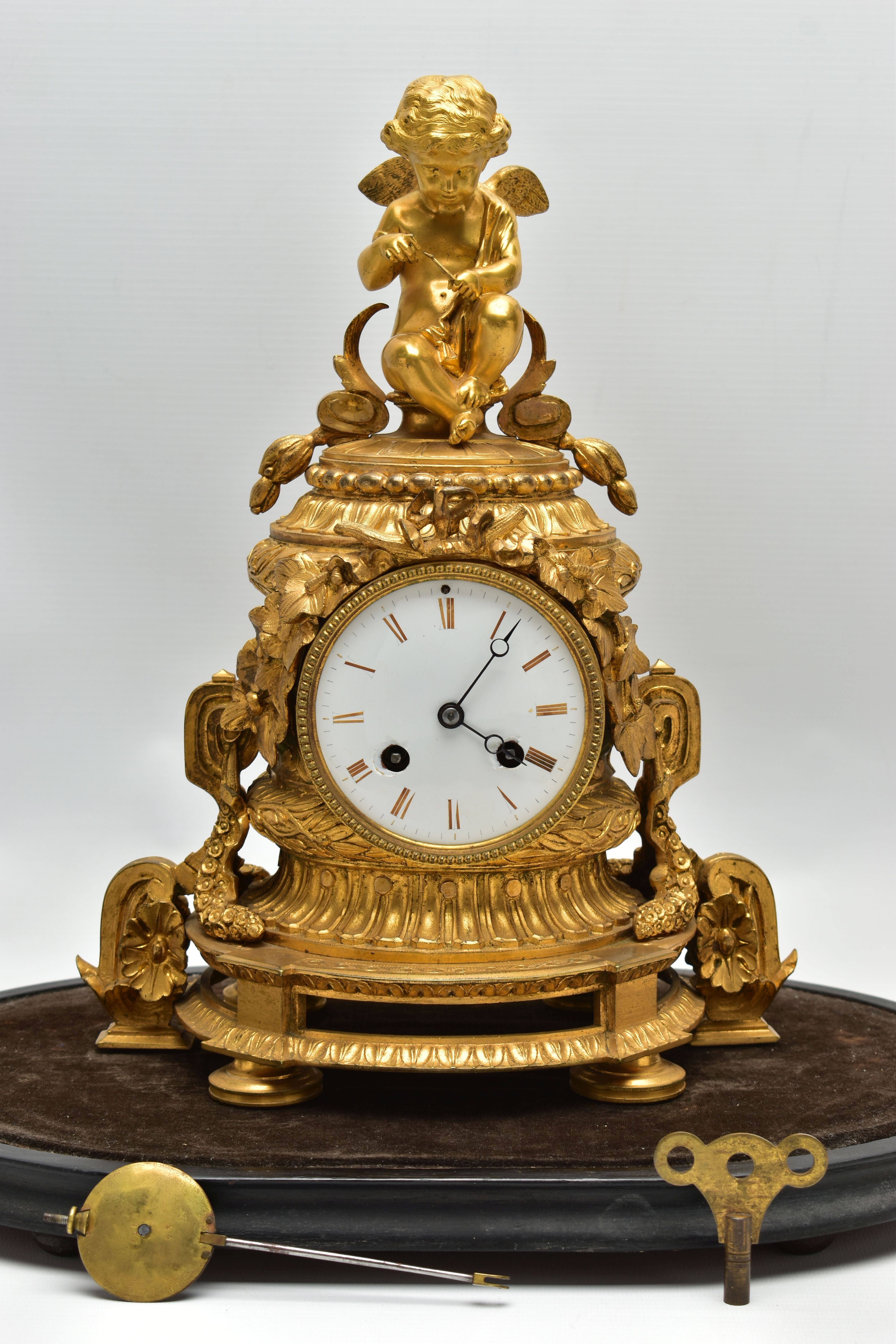 A LATE 19TH CENTURY FRENCH ORMOLU MANTEL CLOCK OF SHAPED CYLINDRICAL FORM, the circular top with - Image 3 of 16