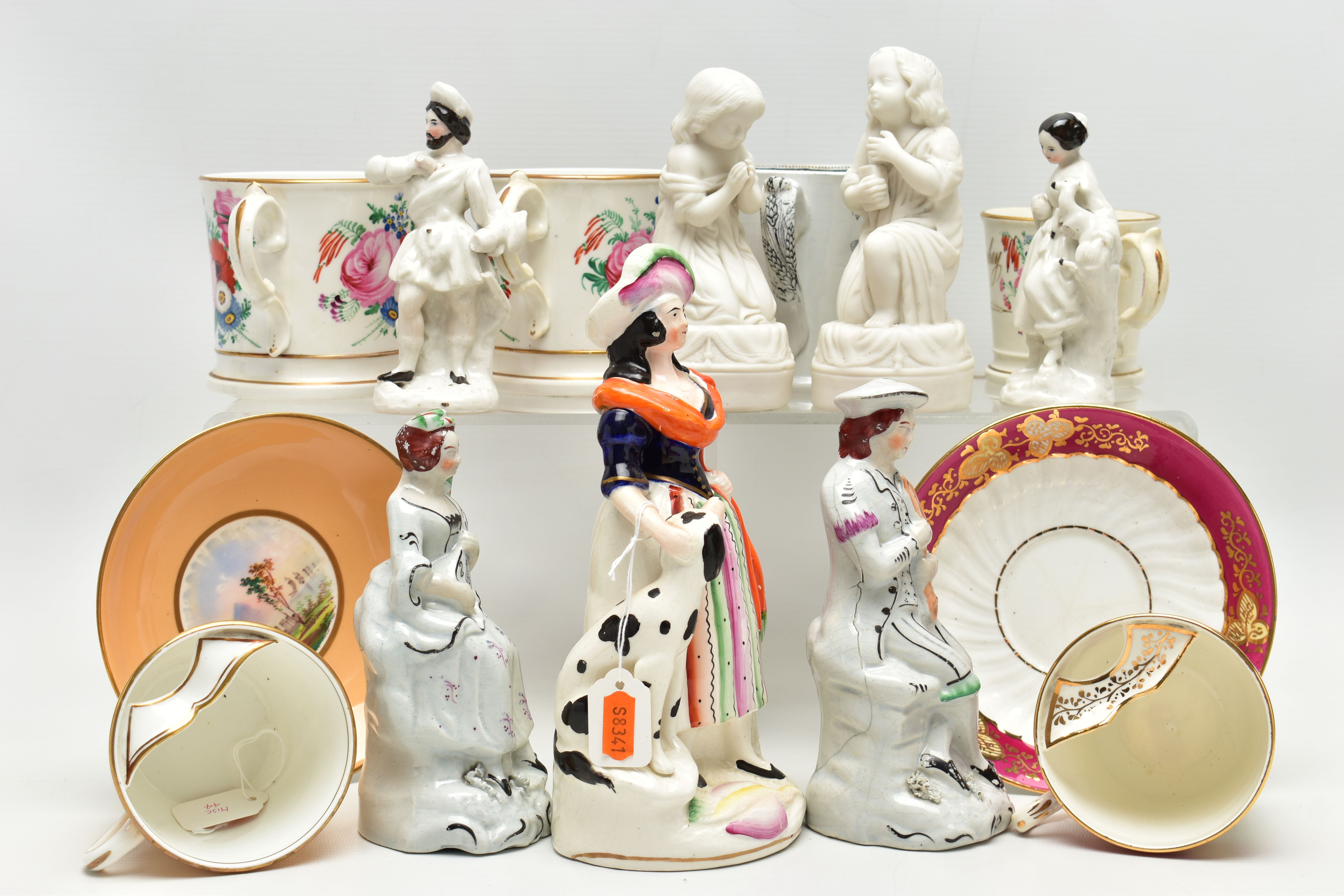A GROUP OF 19TH AND EARLY 20TH CENTURY CERAMICS, comprising a family group of three hand painted - Image 12 of 16