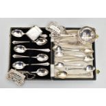 A SMALL PARCEL OF SILVER SPOONS, ETC, comprising a pair of Elizabeth II 'BRANDY' & 'SHERRY' decanter