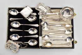 A SMALL PARCEL OF SILVER SPOONS, ETC, comprising a pair of Elizabeth II 'BRANDY' & 'SHERRY' decanter