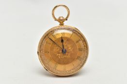 A LATE VICTORIAN 18CT YELLOW GOLD KEY WOUND OPEN FACE POCKET WATCH, the foliate gilt dial, with