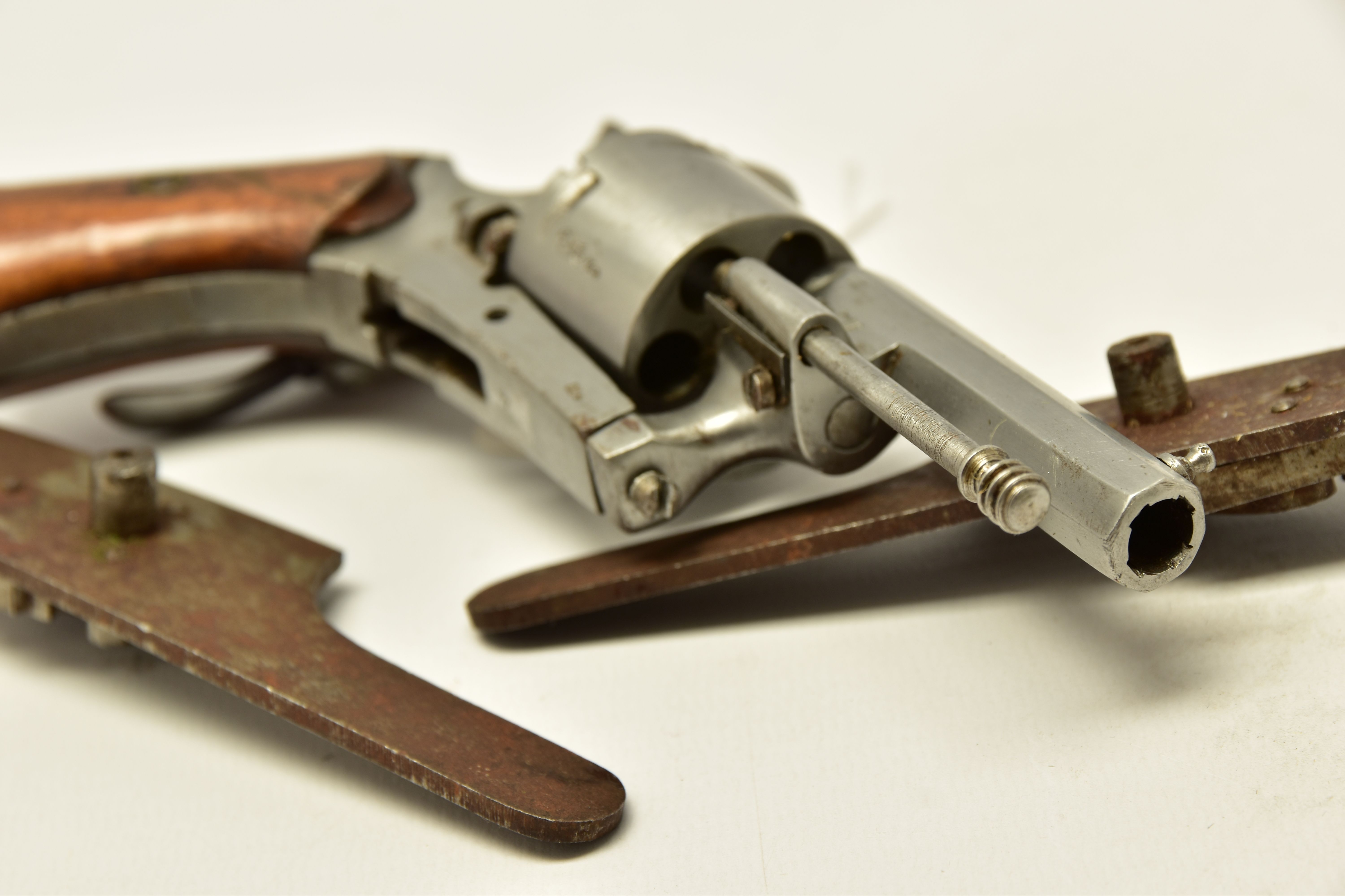 AN ANTIQUE 7MM BELGIAN PROVED PIN-FIRE REVOLVER, partly dismantled and missing its loading gate - Image 7 of 7