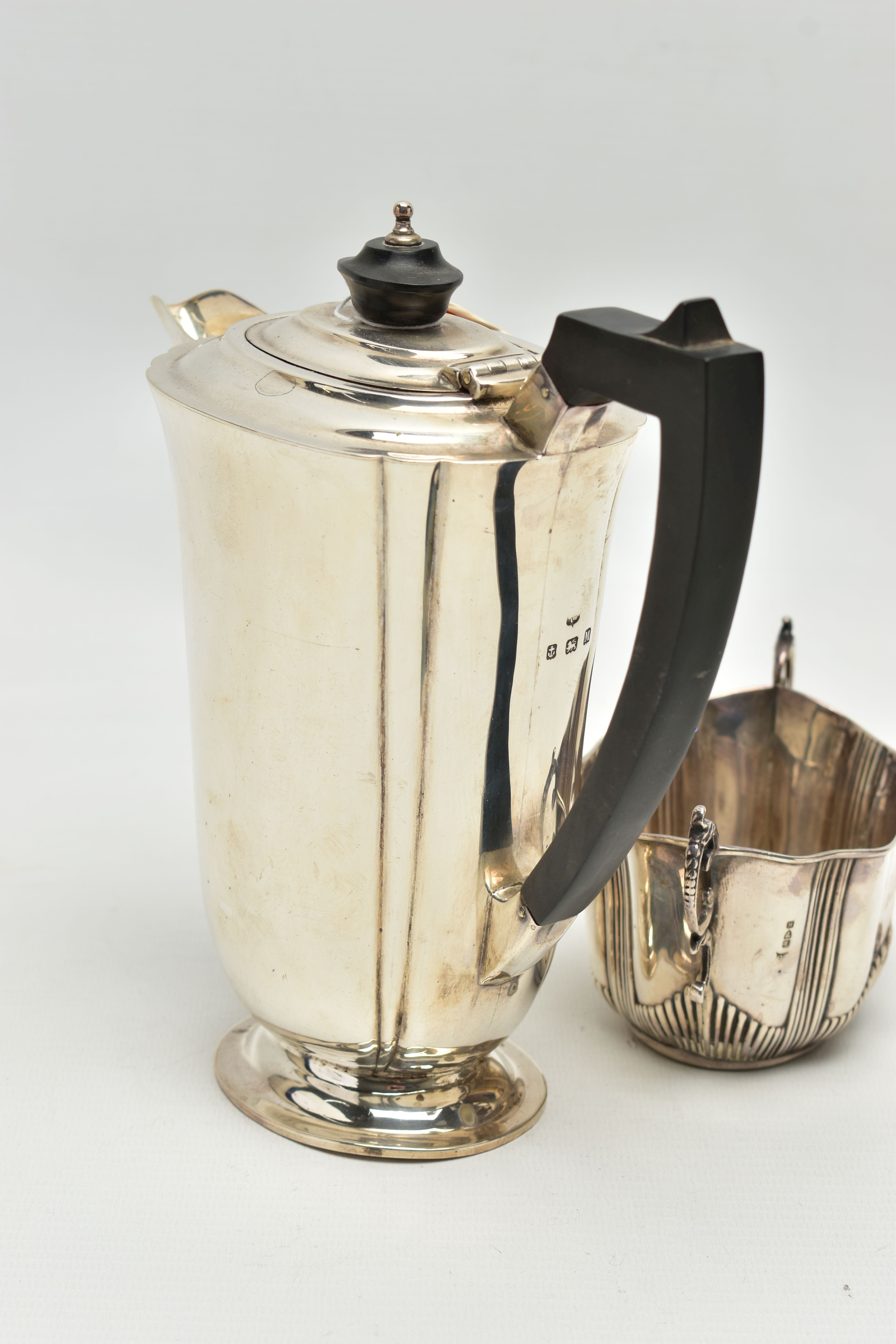 A GEORGE V SILVER HOT WATER JUG AND A LATE VICTORIAN TWIN HANDLED SUGAR BOWL, the hot water jug of - Image 6 of 10