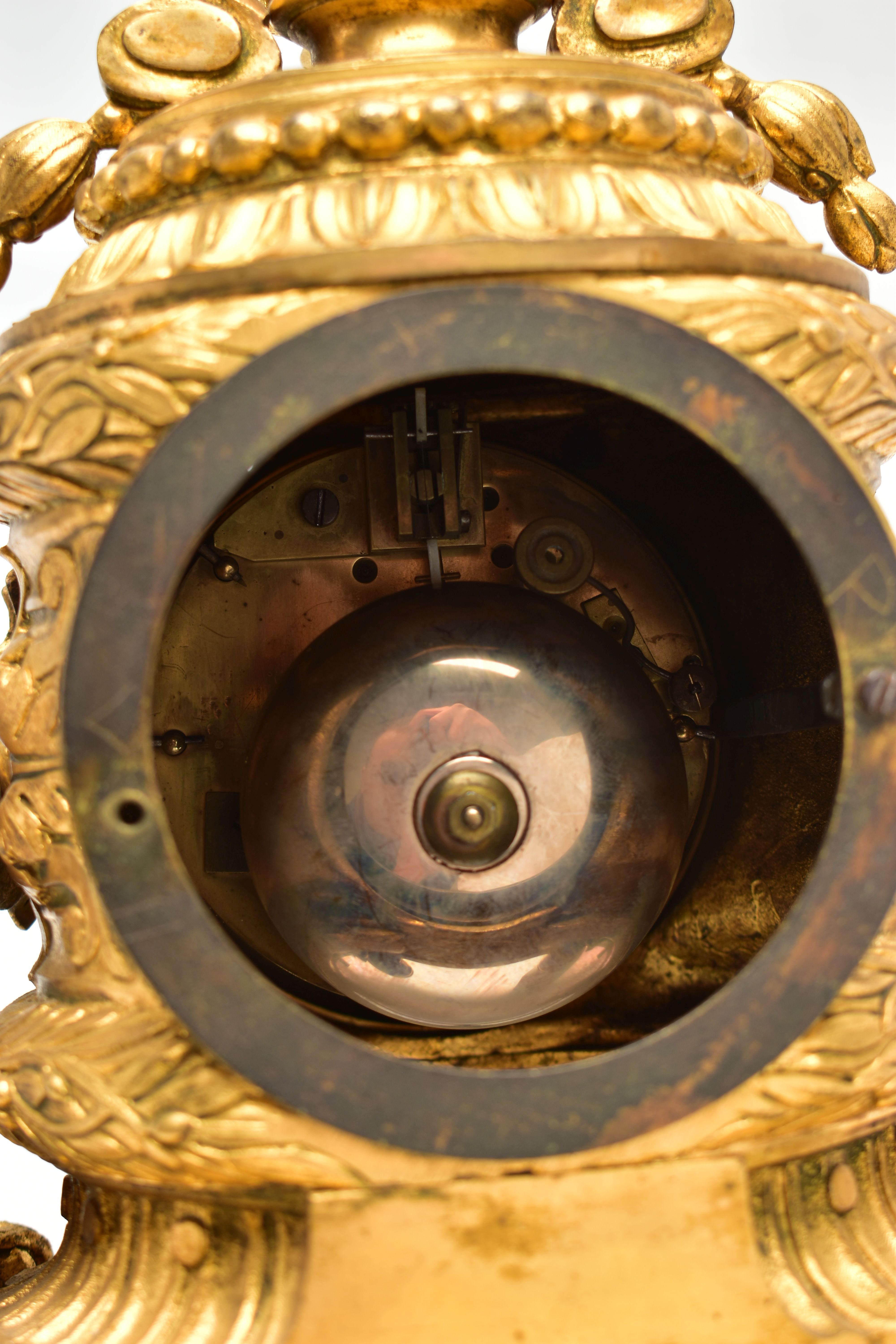 A LATE 19TH CENTURY FRENCH ORMOLU MANTEL CLOCK OF SHAPED CYLINDRICAL FORM, the circular top with - Image 10 of 16