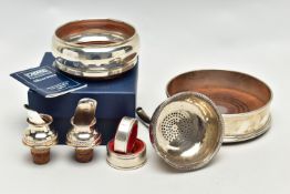 A COLLECTION OF ANTIQUE AND MODERN SILVER WINE RELATED ITEMS, comprising a late Georgian wine funnel