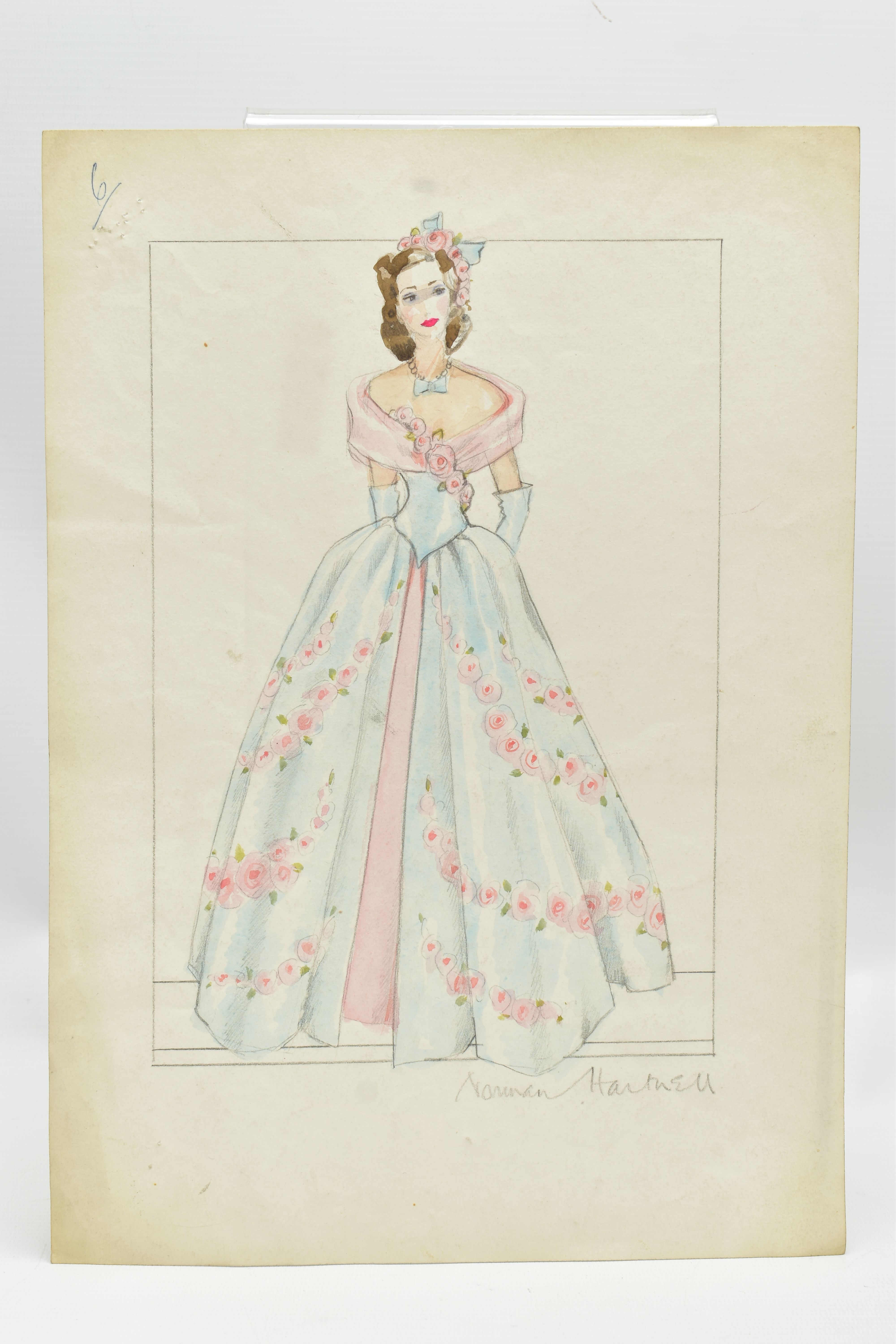 NORMAN HARTNELL (1901-1979) Four signed dress designs, two pencil and watercolours of floral full - Image 5 of 13
