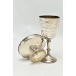 A VICTORIAN SILVER TROPHY CUP AND A GEORGE VI SILVER PEDESTAL BONBON DISH, the trophy cup