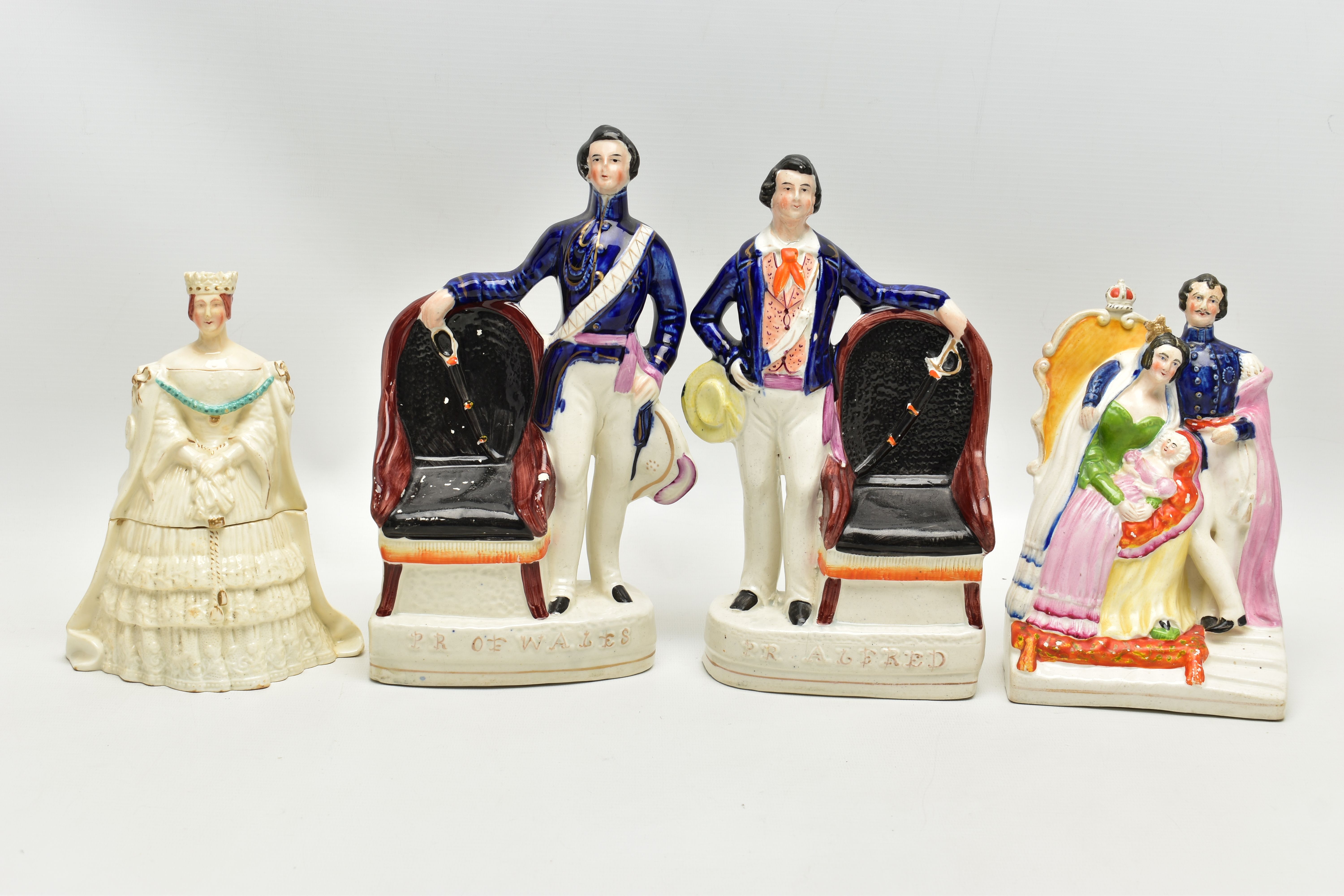 THREE VICTORIAN STAFFORDSHIRE POTTERY PORTRAIT FIGURES AND A SIMILAR JAR AND COVER, the figures